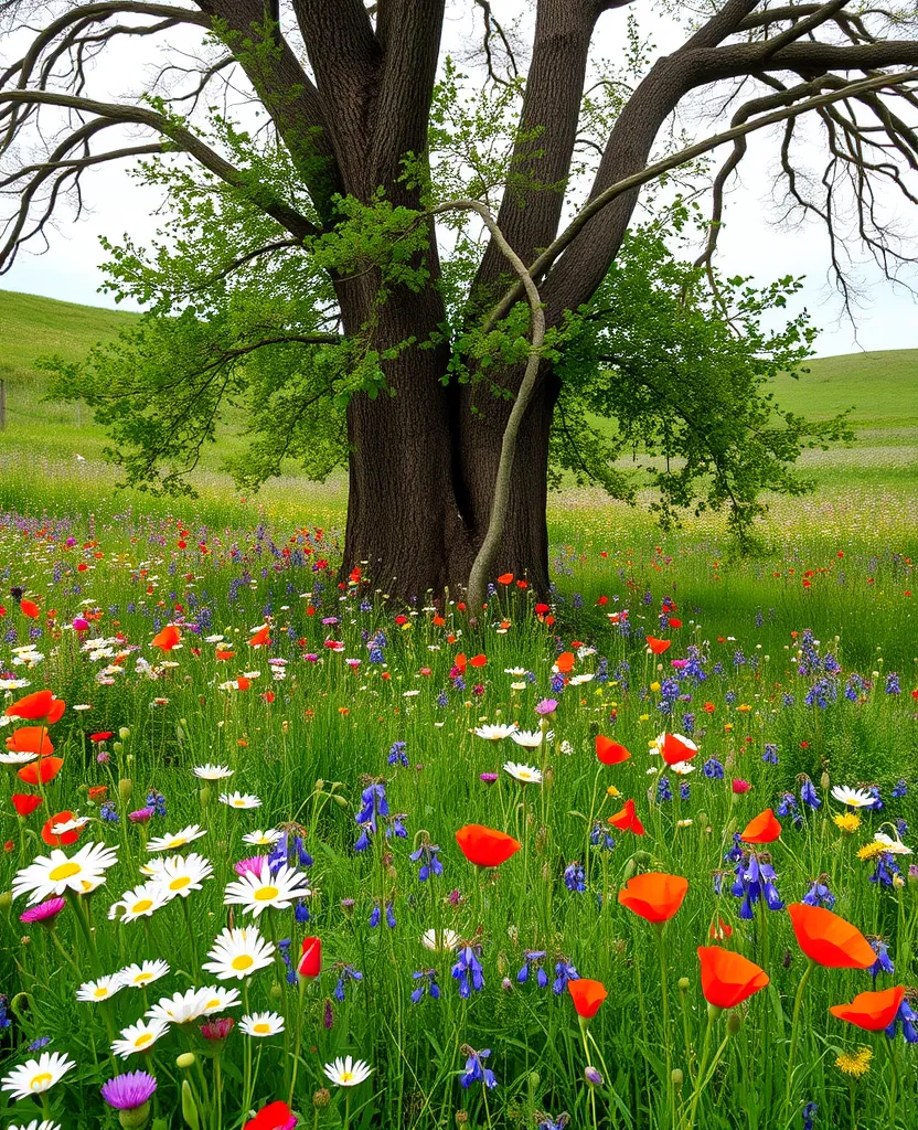 12 Stunning Small Flower Garden Arrangements Around Trees -  Whimsical Wildflower Meadows