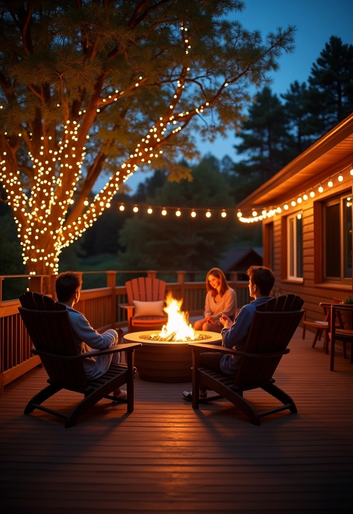 18 Deck Fire Pit Ideas for Cozy Nights - 5. Fire Pit Surrounded by Fairy Lights