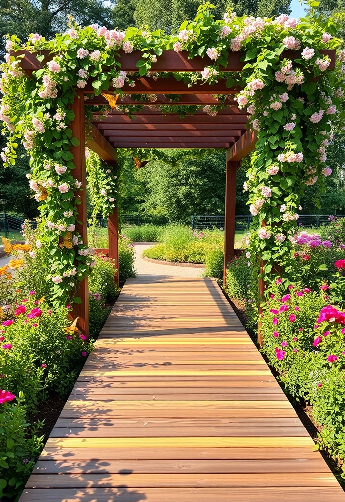 18 Best Wooden Walkway Designs for Backyard Landscaping - 11. Pergola-Connected Pathways