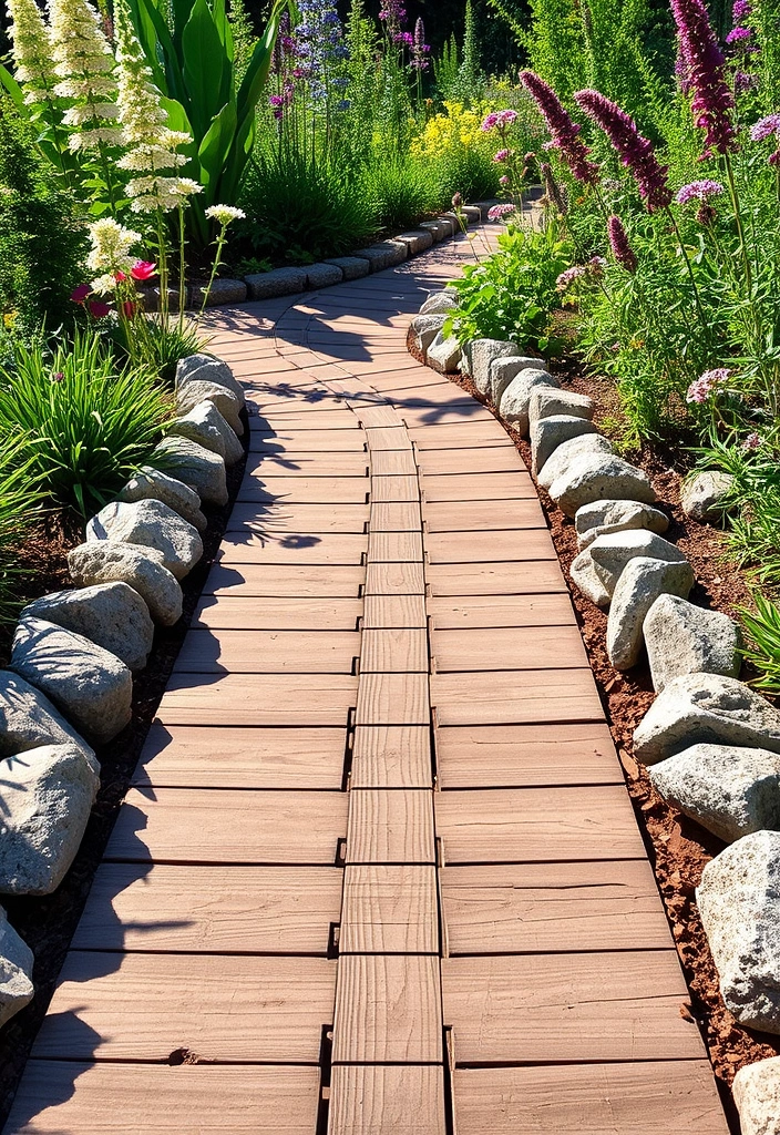 18 Best Wooden Walkway Designs for Backyard Landscaping - 10. Wooden Pathways with Stone Borders