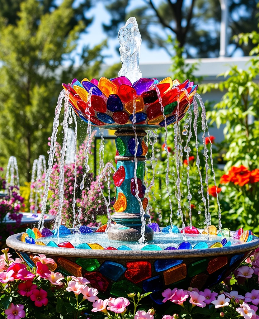 20 DIY Solar Fountain Ideas to Transform Your Garden - 17. Colorful Glass Fountain