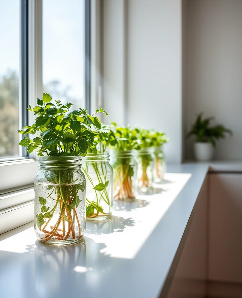 12 Indoor Window Herb Planter Ideas for Any Kitchen Space - 6. Glass Jar Herb Garden