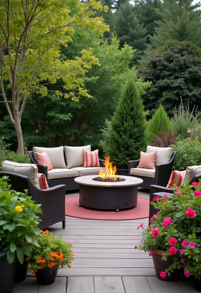 18 Deck Fire Pit Ideas for Cozy Nights - 7. Fire Pit Surrounded by Planters