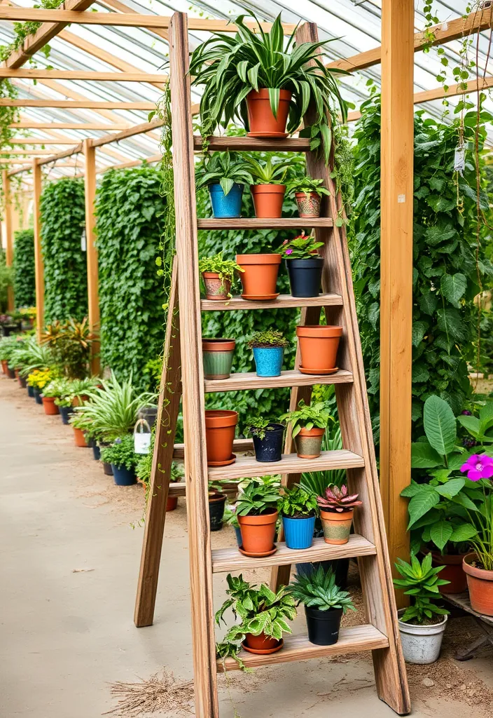 10 Beautiful Greenhouse Shelf Ideas That'll Make Your Plants Shine! - 5. Ladder Shelves