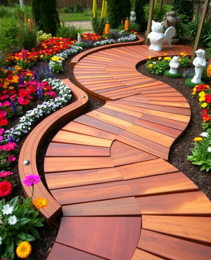 18 Best Wooden Walkway Designs for Backyard Landscaping - 9. Artistic Wooden Pathways