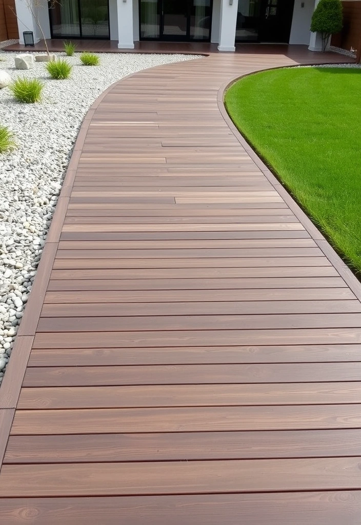 18 Best Wooden Walkway Designs for Backyard Landscaping - 2. Sleek Contemporary Planks