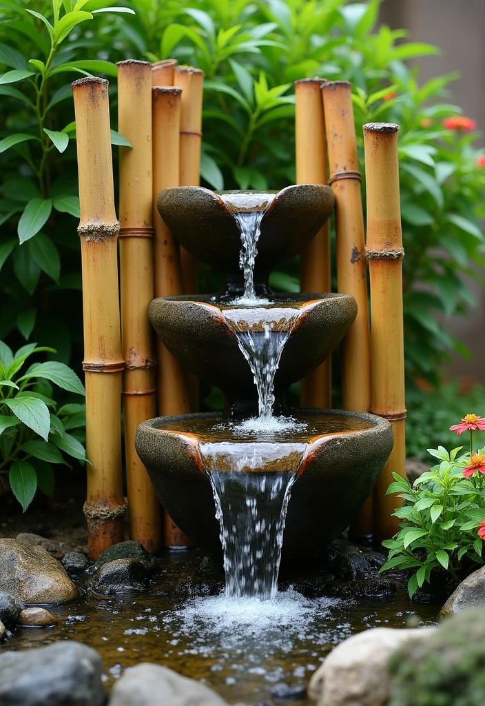 20 DIY Solar Fountain Ideas to Transform Your Garden - 16. Bamboo Waterfall Fountain