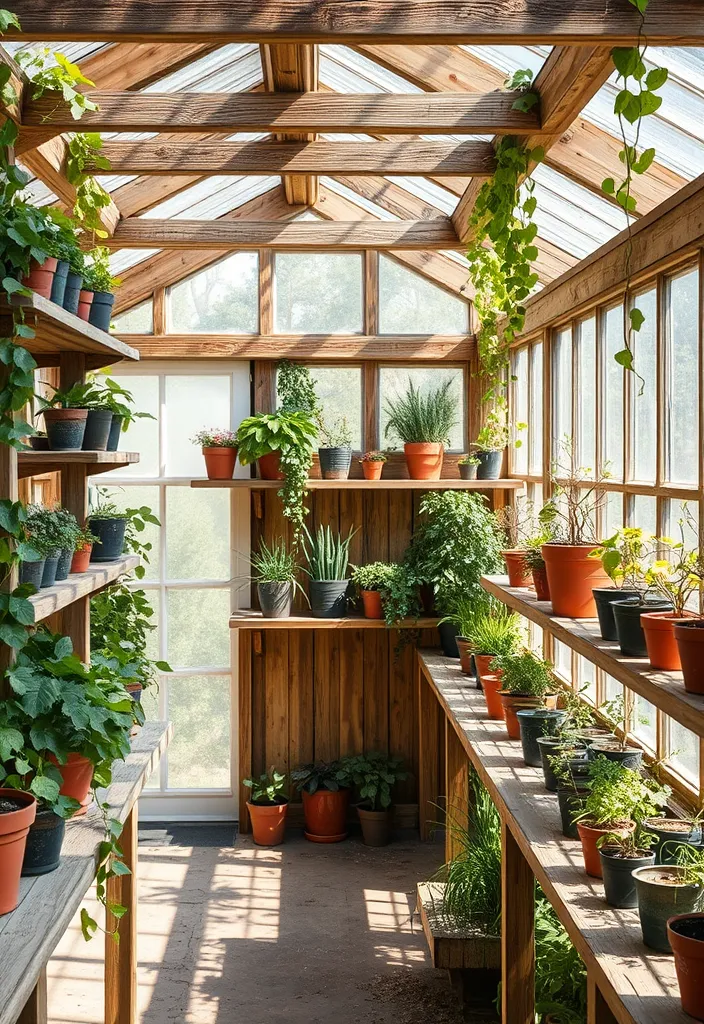 10 Beautiful Greenhouse Shelf Ideas That'll Make Your Plants Shine! - 1. Rustic Wooden Charm