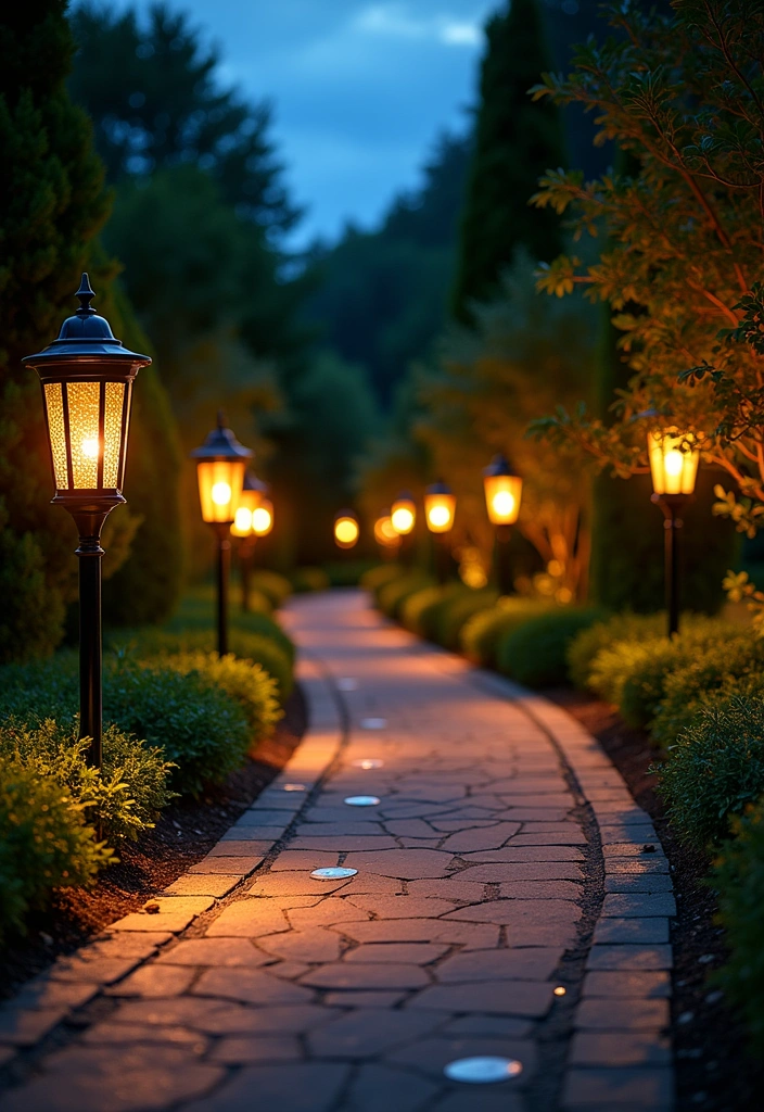 20 Modern Backyard Landscaping Ideas - 17. Artistic Pathway Lighting