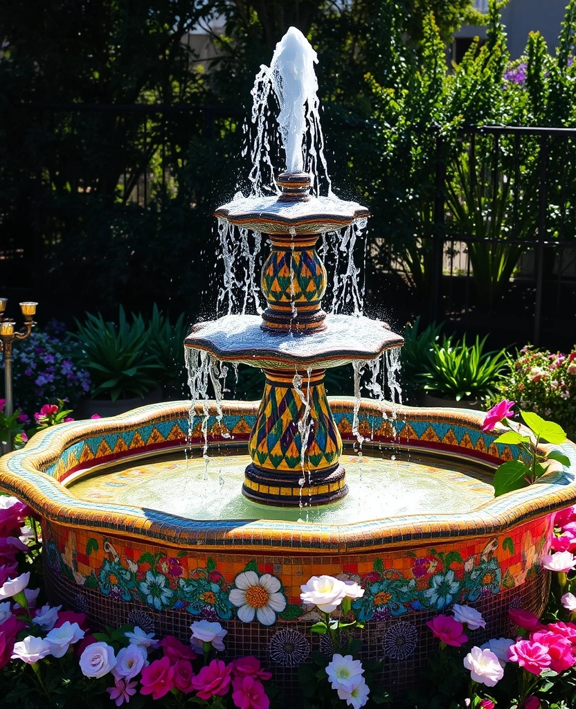 20 DIY Solar Fountain Ideas to Transform Your Garden - 10. Decorative Mosaic Fountain