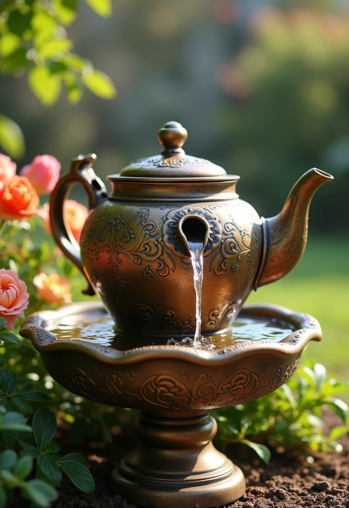 20 DIY Solar Fountain Ideas to Transform Your Garden - 11. Antique Teapot Fountain