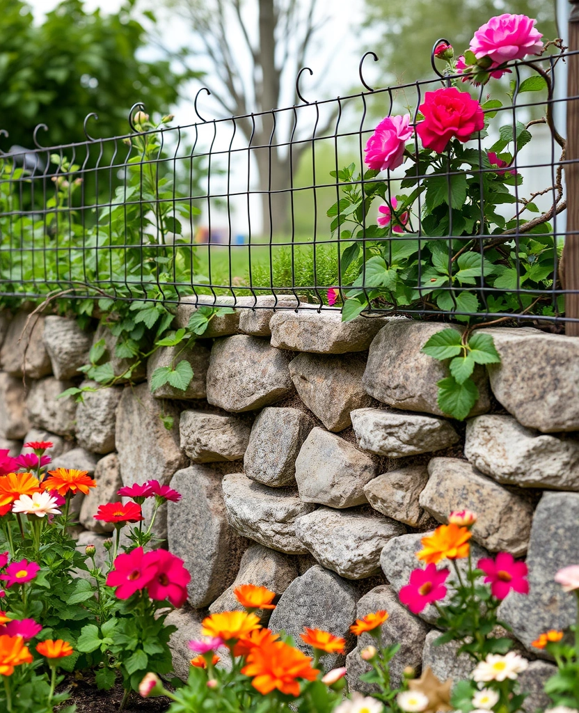 20 Wood and Wire Fence Design Ideas for Your Garden - 15. Stone and Wire Combination