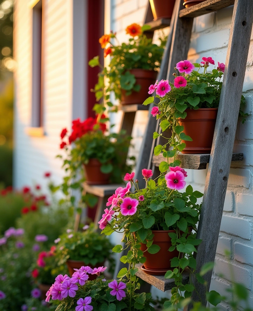 20+ Vertical Flower Gardening Ideas That Maximize Space and Beauty! - 1. Ladder Planters