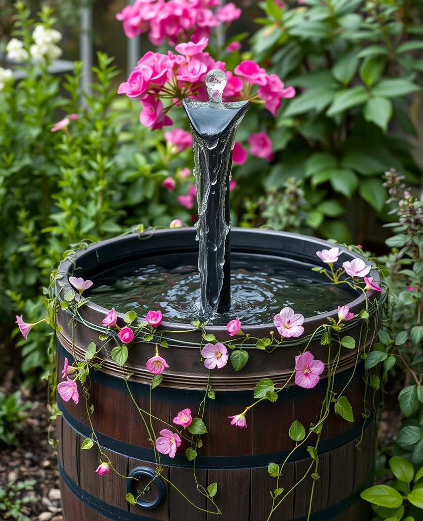 20 DIY Solar Fountain Ideas to Transform Your Garden - 18. Eco-Friendly Rain Barrel Fountain