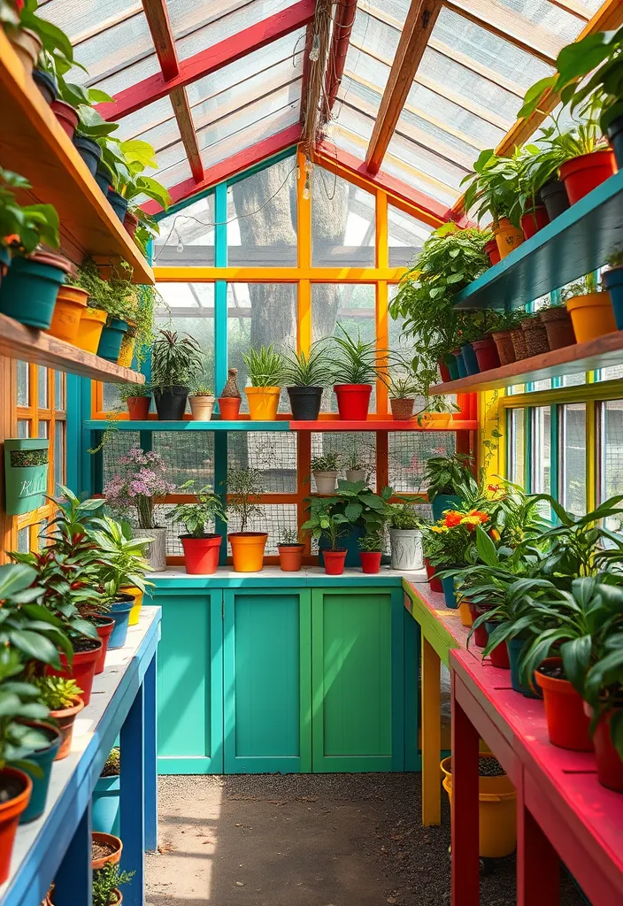 10 Beautiful Greenhouse Shelf Ideas That'll Make Your Plants Shine! - 10. Colorful Painted Shelves