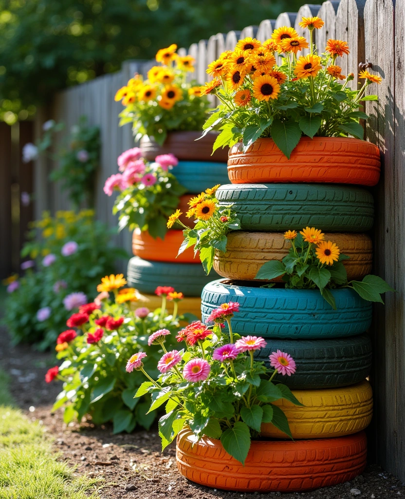 20+ Vertical Flower Gardening Ideas That Maximize Space and Beauty! - 12. Recycled Tire Vertical Garden