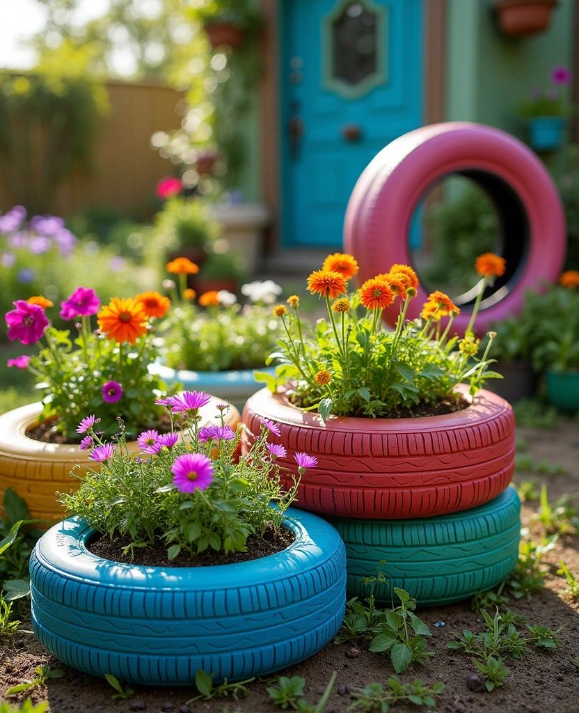 10 Fun and Inexpensive Raised Garden Bed Ideas Your Family Will Love! - 4. Recycled Tire Planters