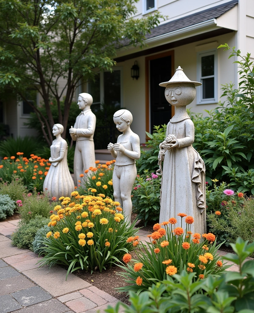 21 Genius Small Front Yard Landscaping Ideas That Don't Require a Lawn! - 8. Artistic Garden Sculptures