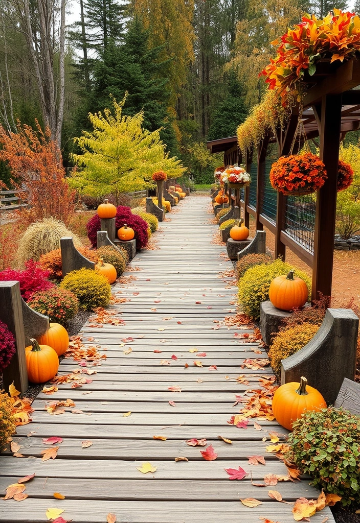 18 Best Wooden Walkway Designs for Backyard Landscaping - 15. Wooden Pathways with Seasonal Decor