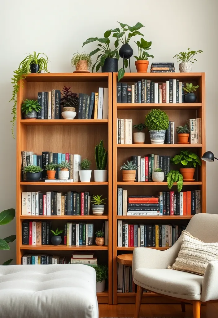 10 Unique Green Wall Decor Ideas for a Trendy Living Room! - 3. Plant-Laden Bookshelves