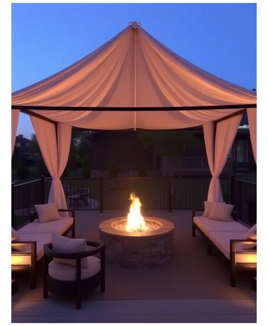 18 Deck Fire Pit Ideas for Cozy Nights - 17. Fire Pit with a Chic Canopy