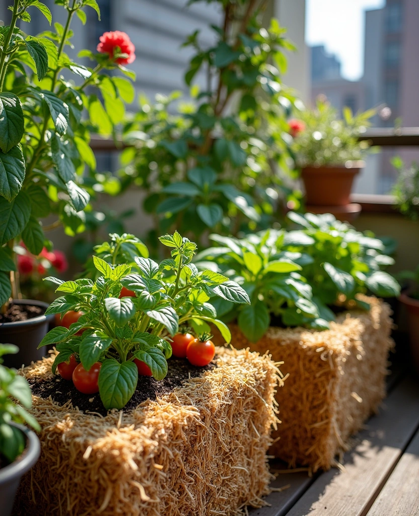 16 Small Apartment Balcony Garden Ideas for Growing Veggies - 6. Straw Bale Gardening