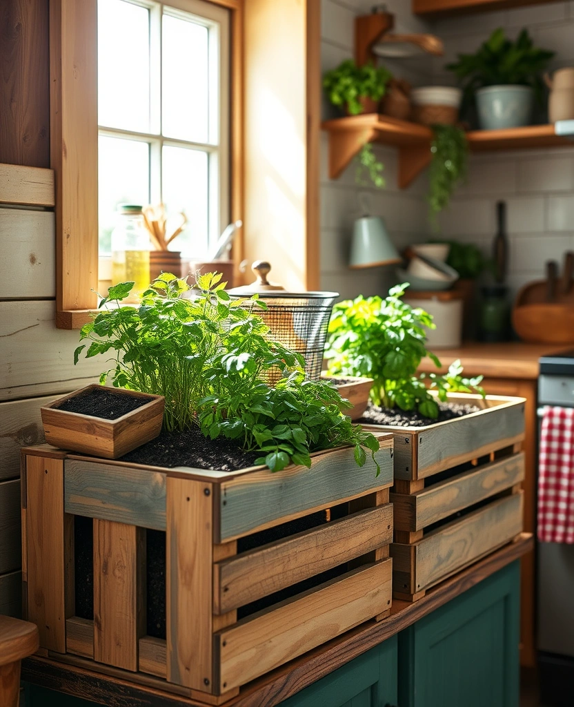 12 Indoor Window Herb Planter Ideas for Any Kitchen Space - 3. Repurposed Wooden Crates