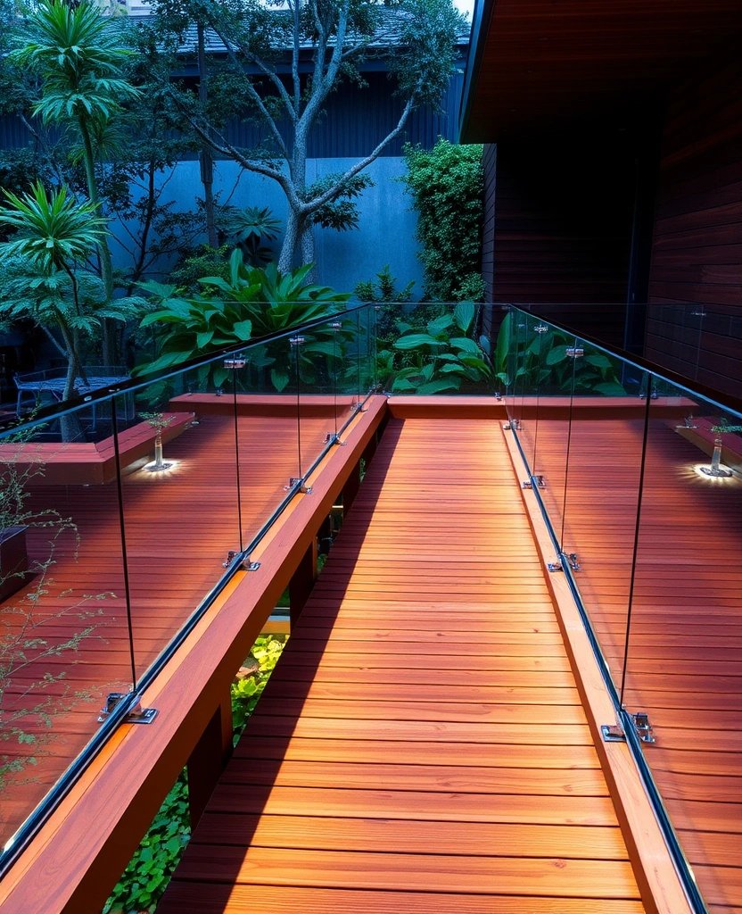 18 Best Wooden Walkway Designs for Backyard Landscaping - 13. Elevated Paths with Glass Railings