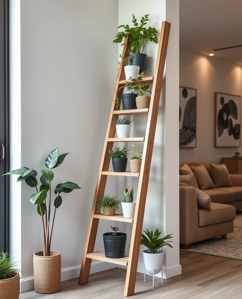 10 Unique Green Wall Decor Ideas for a Trendy Living Room! - 6. Plant Ladder Displays