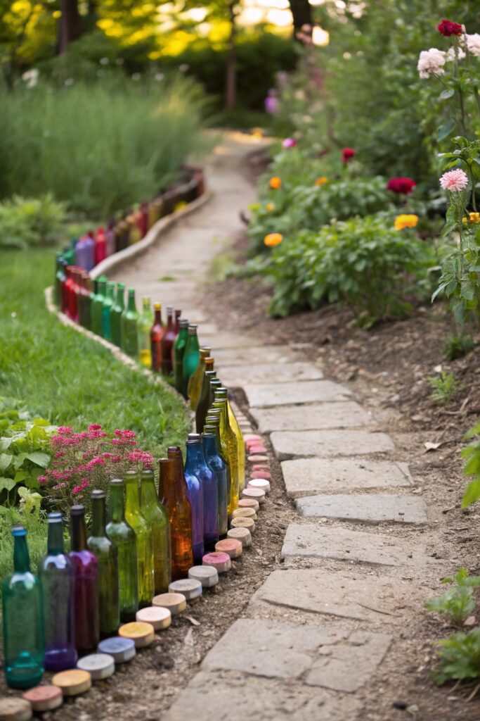 21 DIY Garden Edging Ideas on a Budget - 9. Glass Bottle Edging