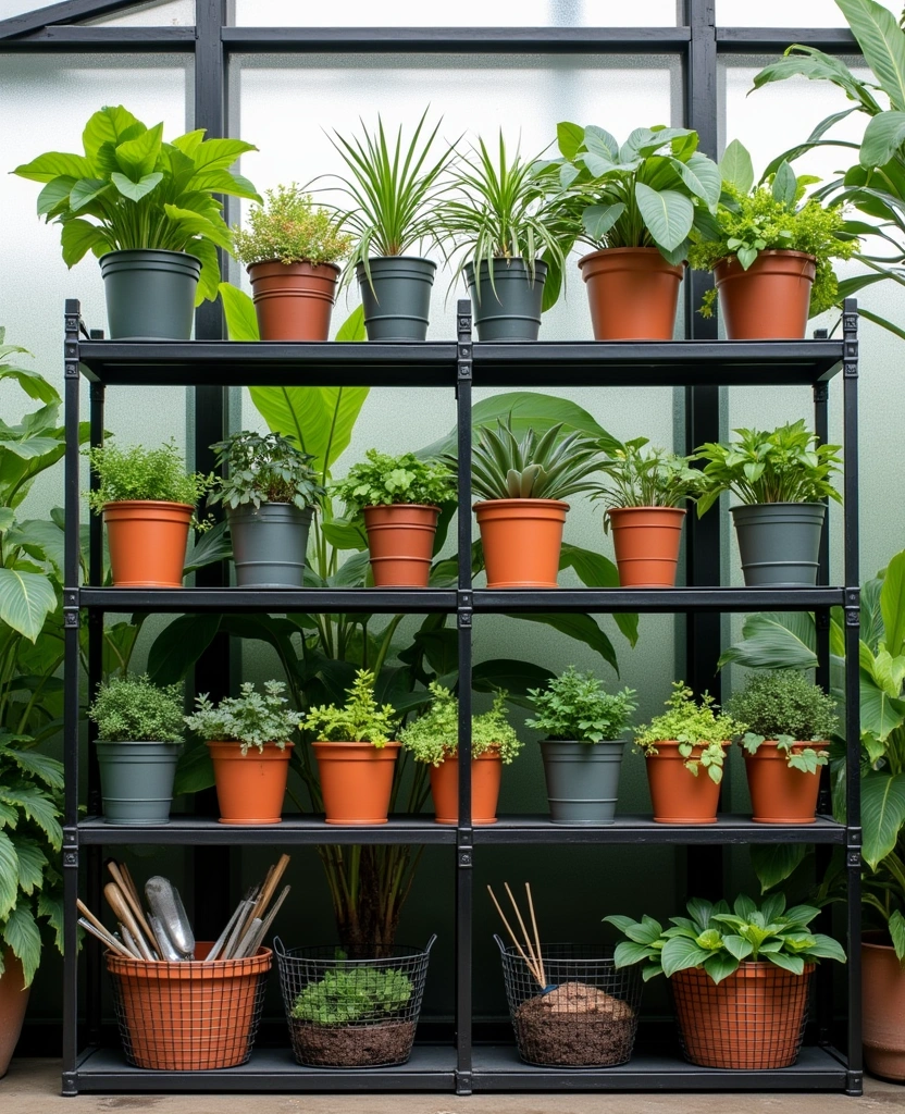 10 Beautiful Greenhouse Shelf Ideas That'll Make Your Plants Shine! -3. Metal Industrial Style