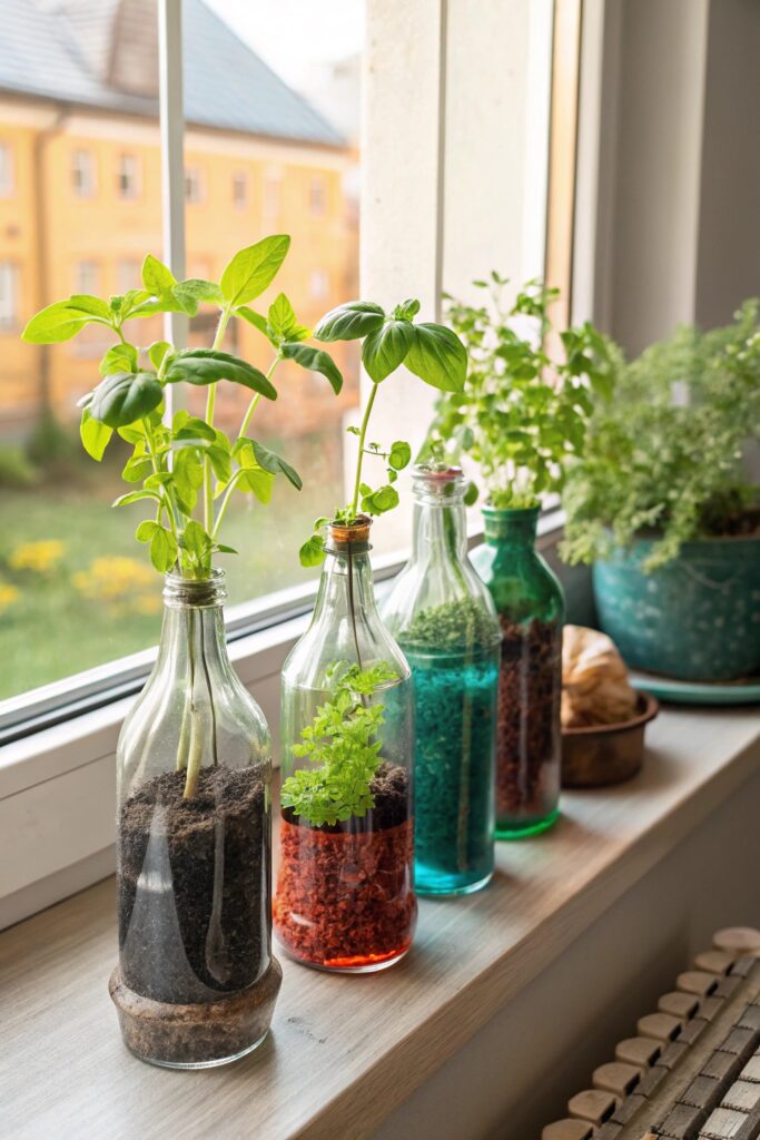 12 Indoor Window Herb Planter Ideas for Any Kitchen Space - 11. Recycled Glass Bottles