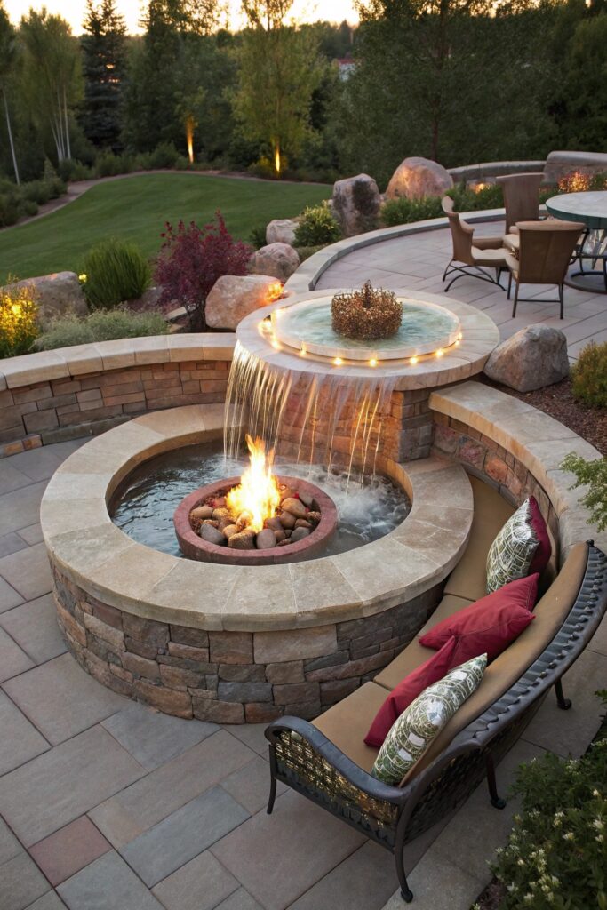 18 Deck Fire Pit Ideas for Cozy Nights - 14. Fire Pit with a Water Feature