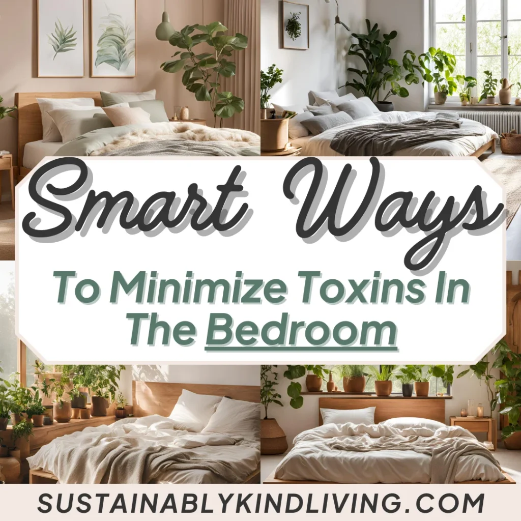 4 different photos of a bedroom with text "smart ways to minimize toxins in the bedroom". 