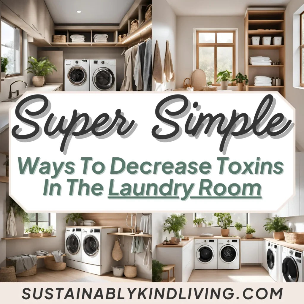 4 different photos of a laundry room with text "super simple ways to decrease toxins in the laundry room". 