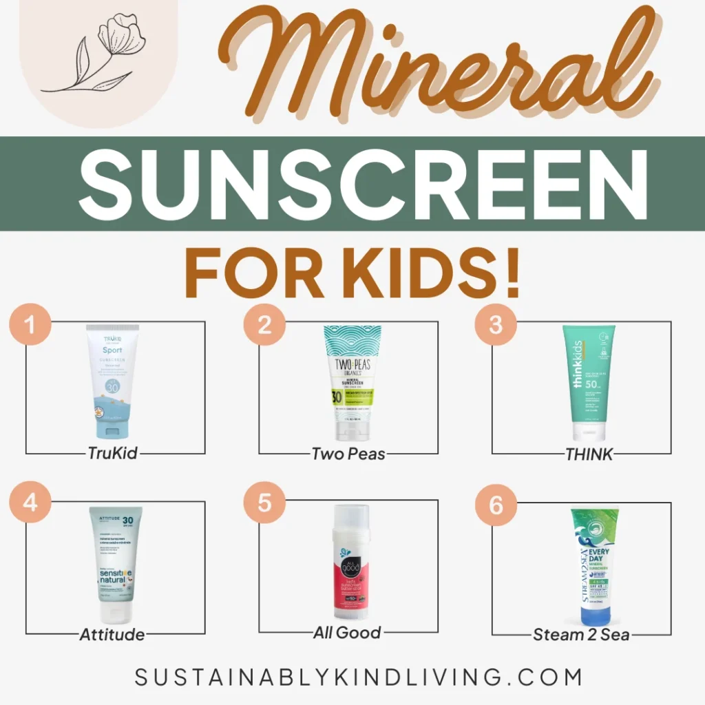 Text reading "mineral sunscreen for kids", with various different mineral sunscreen brands such as THINK, Attitude, All Good and more! 