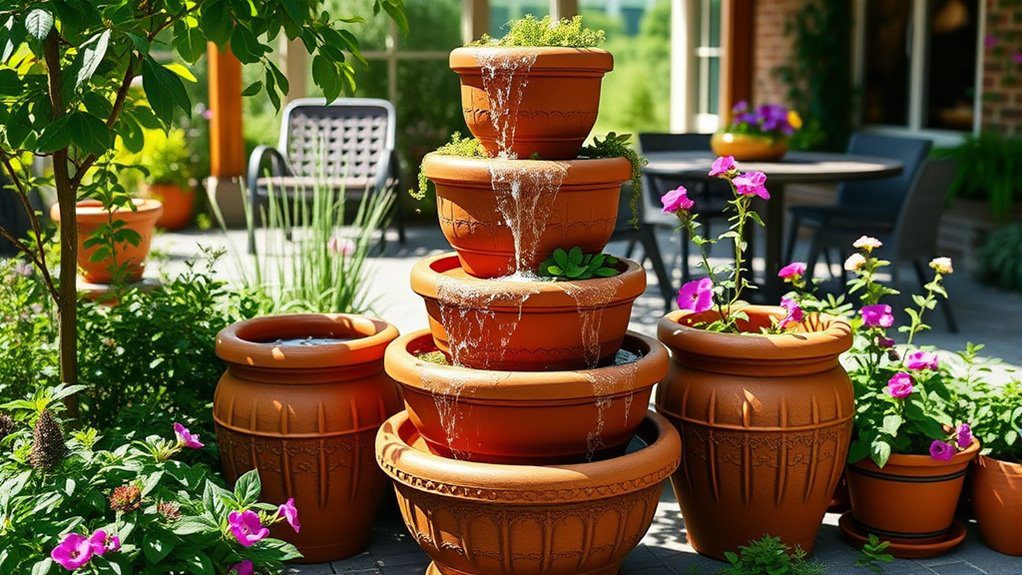 cascading terracotta pot fountain