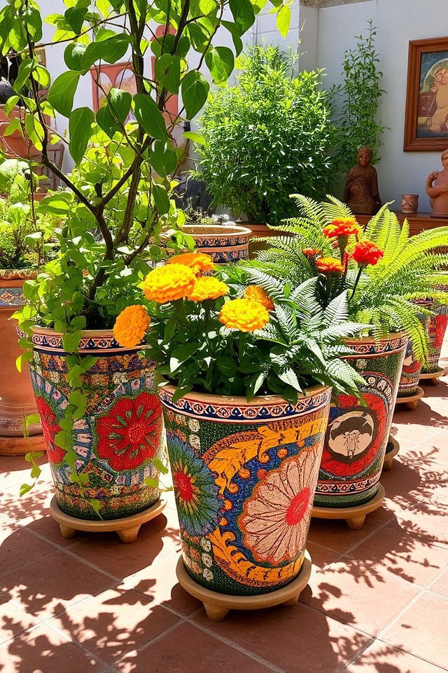 colorful mosaic garden planters