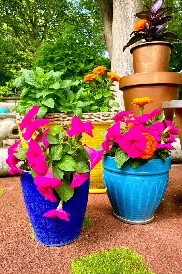 colorful plant container arrangements