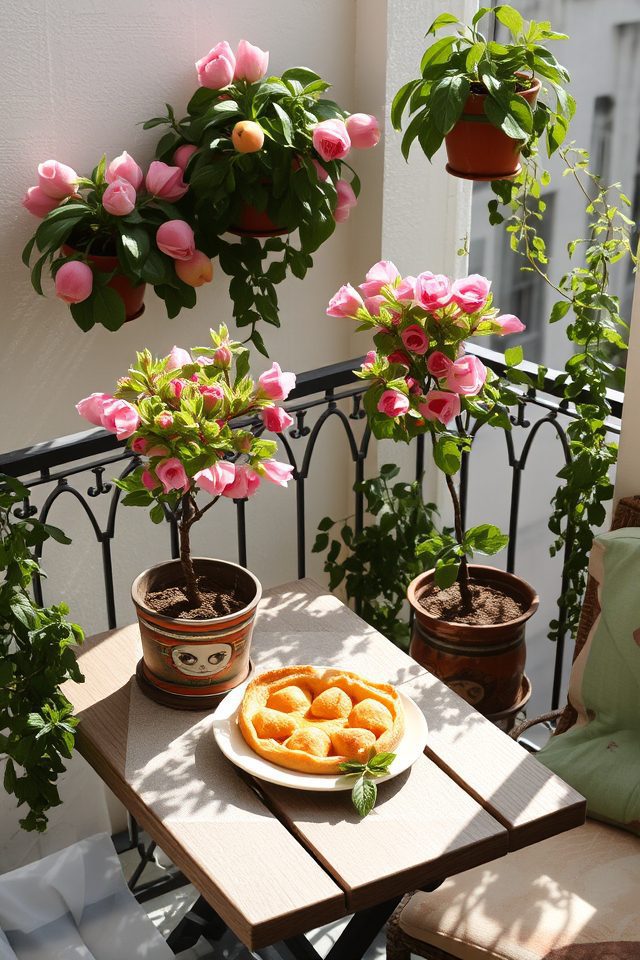 cozy balcony with dwarf peach trees