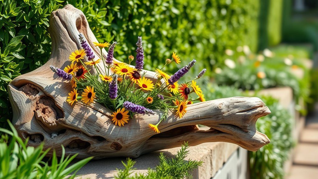 driftwood and vibrant flowers