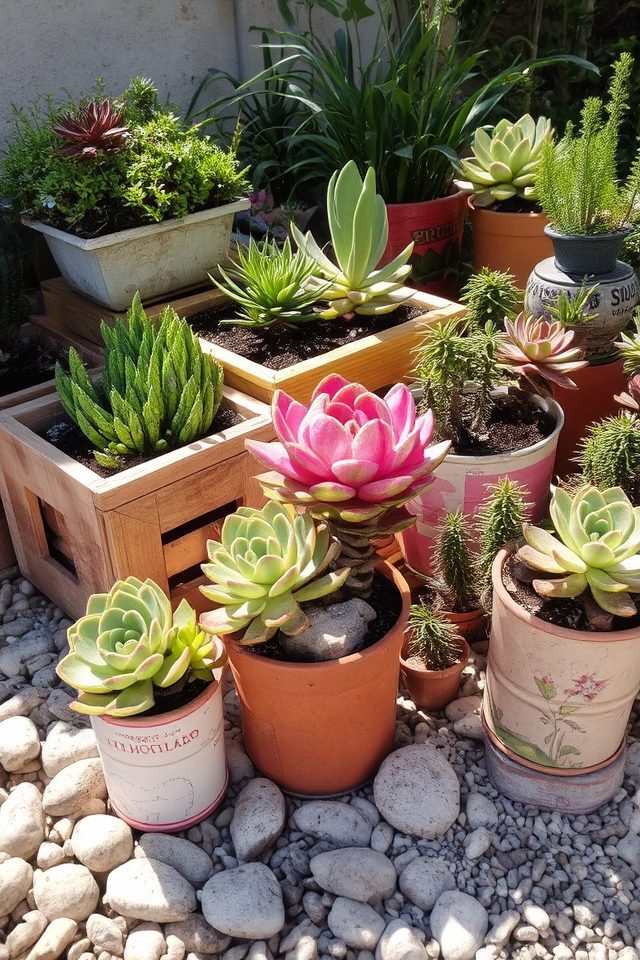 eclectic succulent garden displays