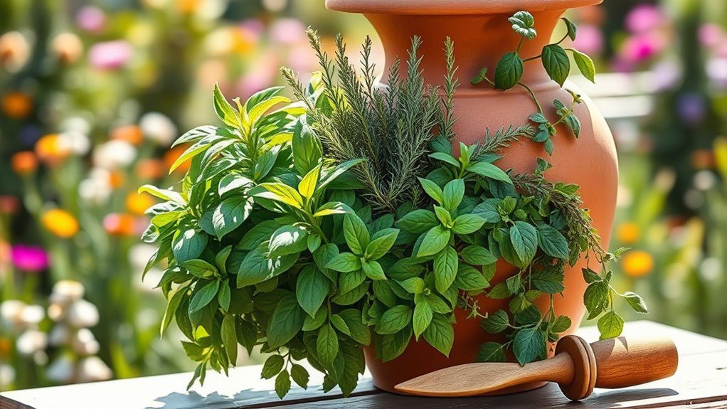 fragrant herbs in urns