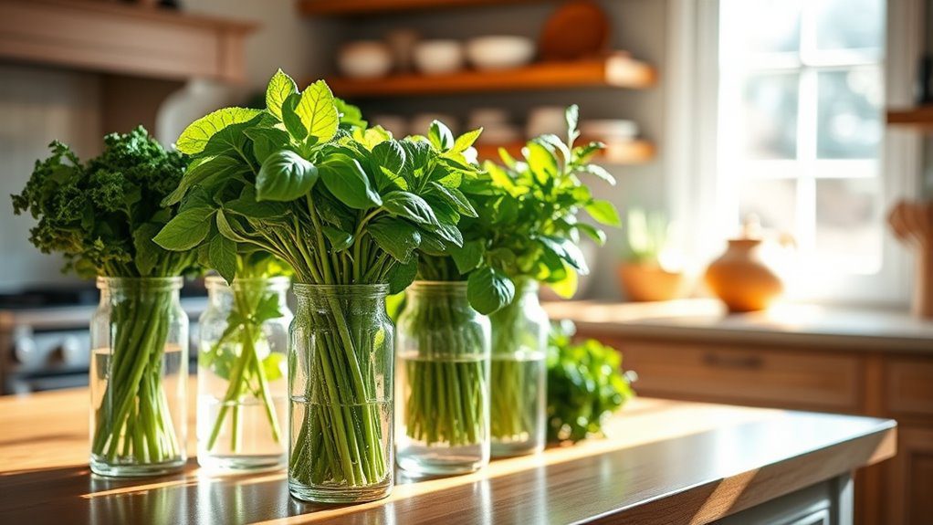 fresh greens in vases