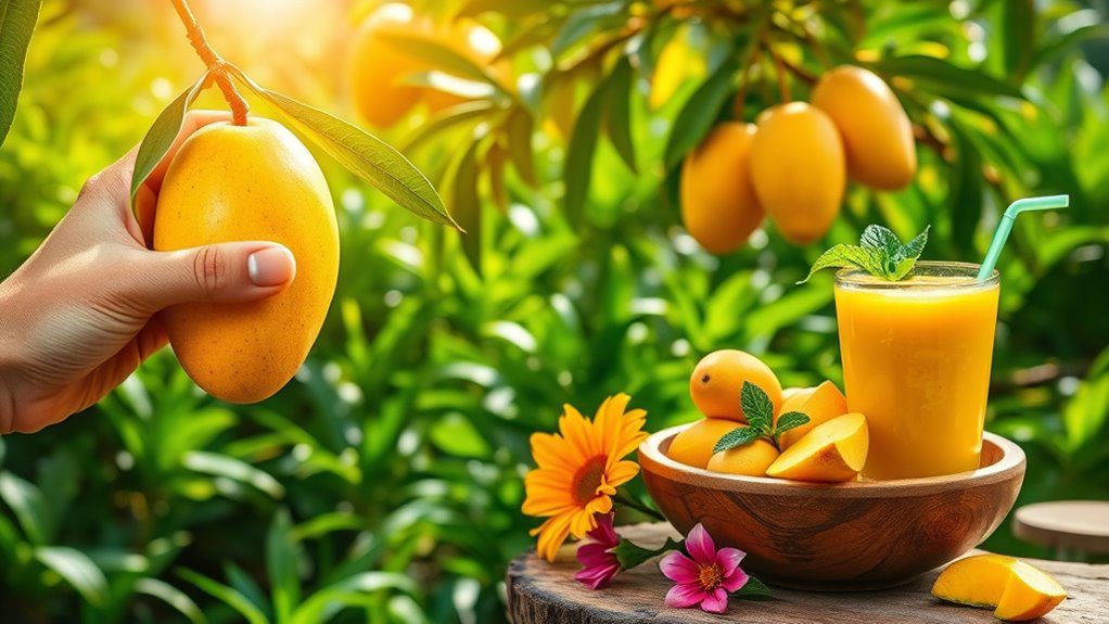 harvesting ripe mangoes joyfully