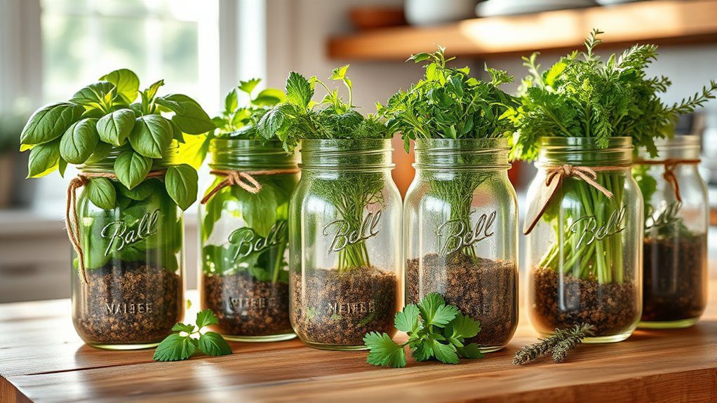 herbs growing in jars