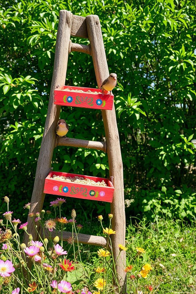 ladder transformed into bird feeder