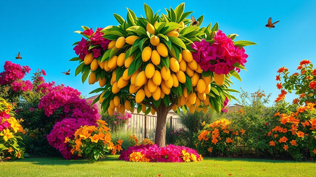 mango trees and vibrant shrubs
