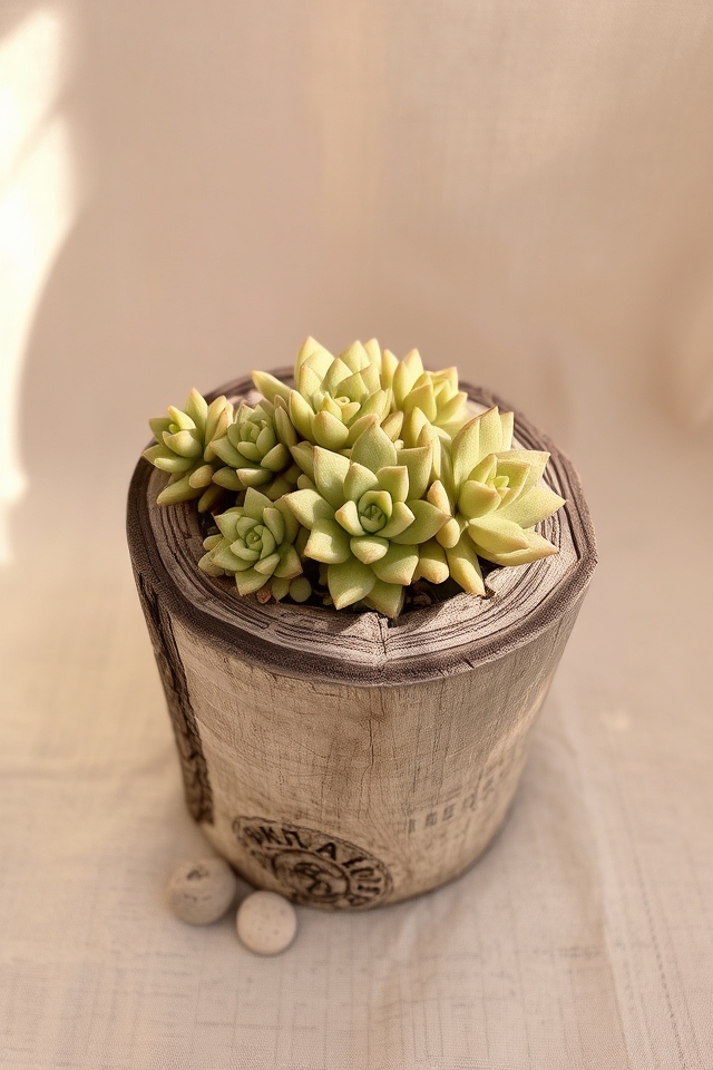 raw wood stone clay succulents