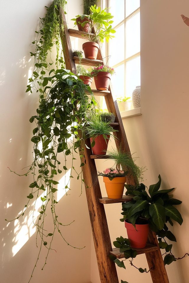 repurposed ladder plant display